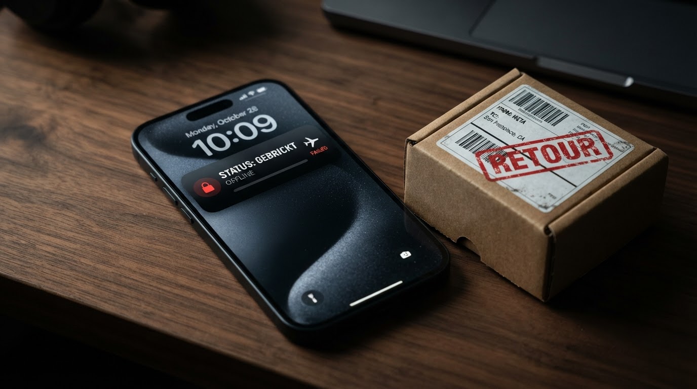 OFFBOX kraft box with RETOUR label beside a locked iPhone showing STATUS: GEBRICKT